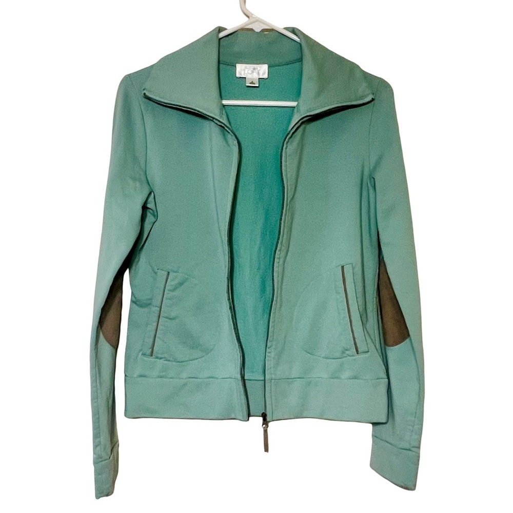 LOFT Woman’s High Collar Full Zip Up Jacket. Mint Green w/ Brown Accents.
